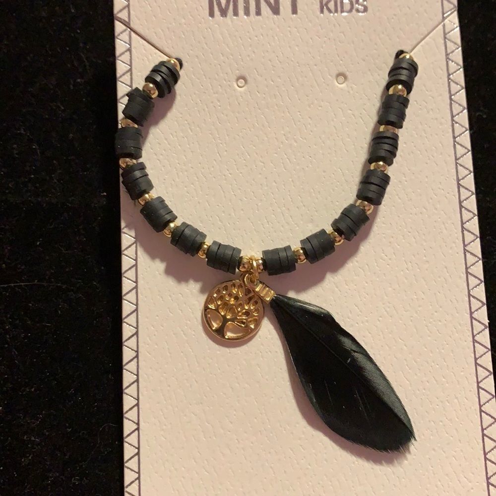 Black- gold tree of life & feather slide necklace